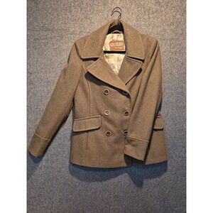 GUESS Women's Green Double-Breasted Pea Coat Button Lrg Classic Military Style